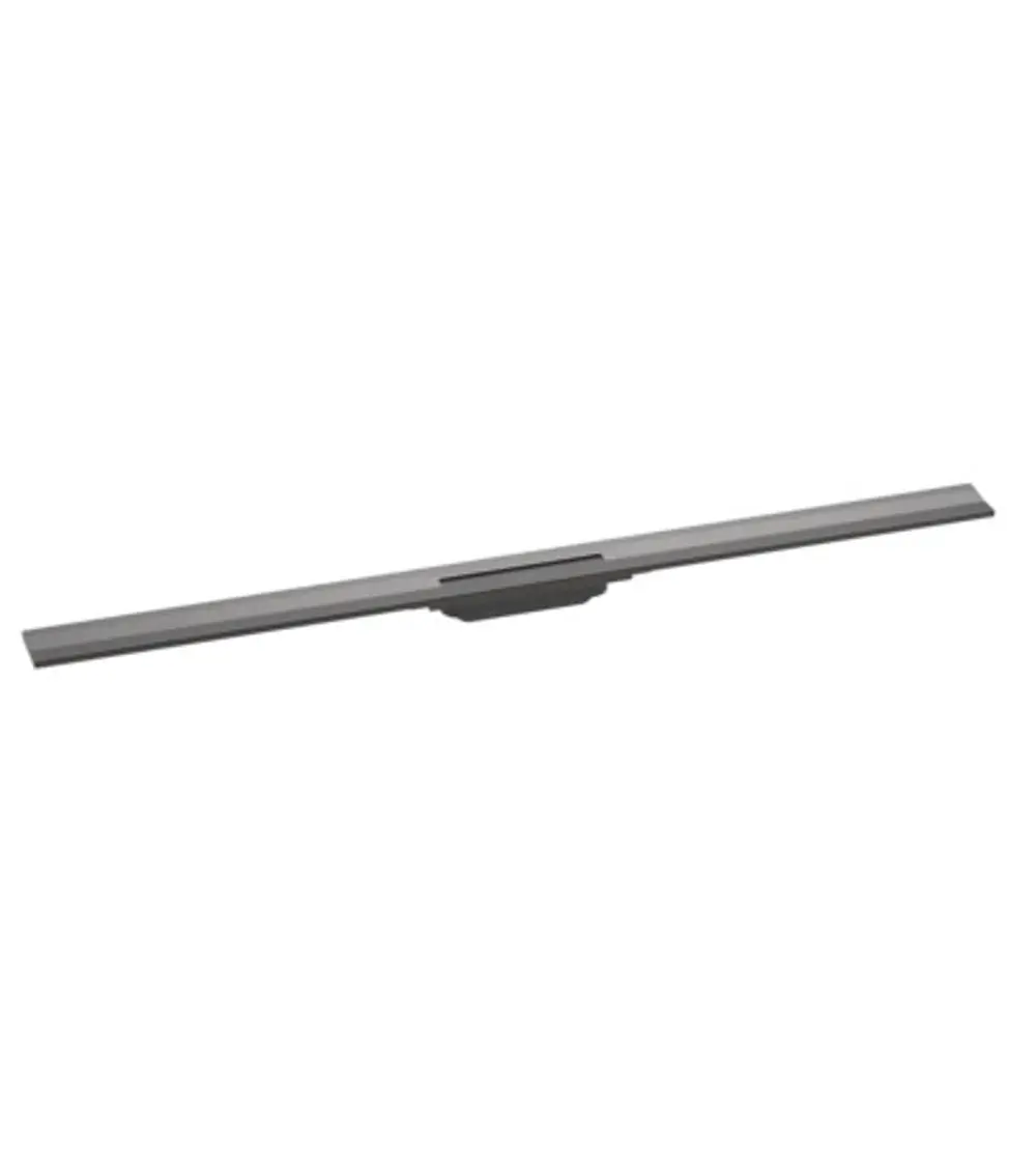 Dünne graue Duschrinne von Hansgrohe mit mittiger Ablauffläche, geeignet für Wandmontage, minimalistisches Design, Darstellung ohne sichtbare Maße.